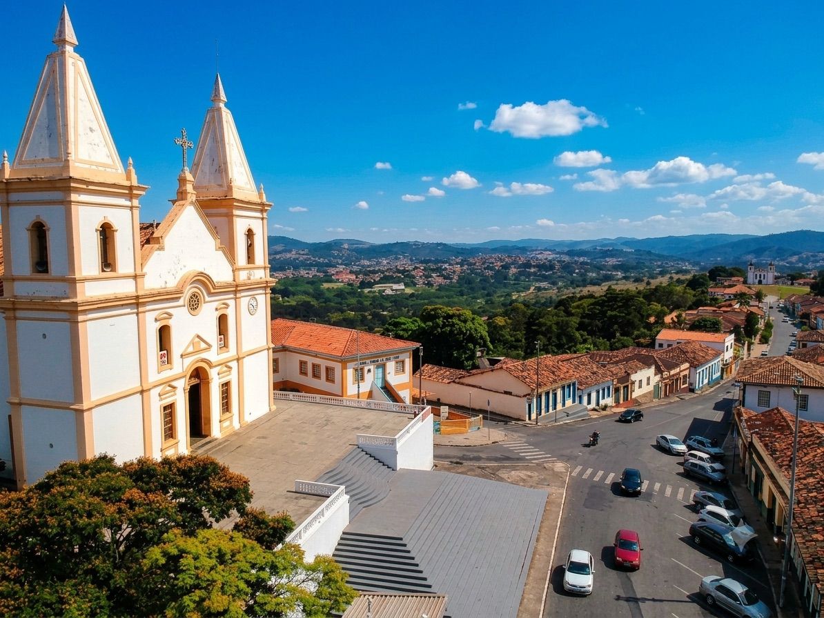 Igreja Matriz de Santa Luzia (MG) vista do alto, com a cidade ao fundo